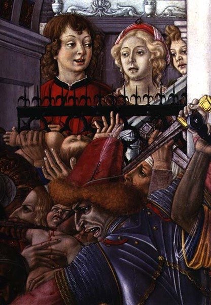 Az ártatlanok mészárlása, részlet két bámészkodóról, akik a mészárlást figyelik a palotából alkotó: Matteo di Giovanni di Bartolo