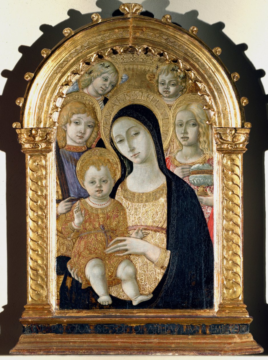 Szűz Jézus gyermekével, Szent Mihály, Szent Mária Magdolna (Festmény fára alkotó: Matteo di Giovanni di Bartolo