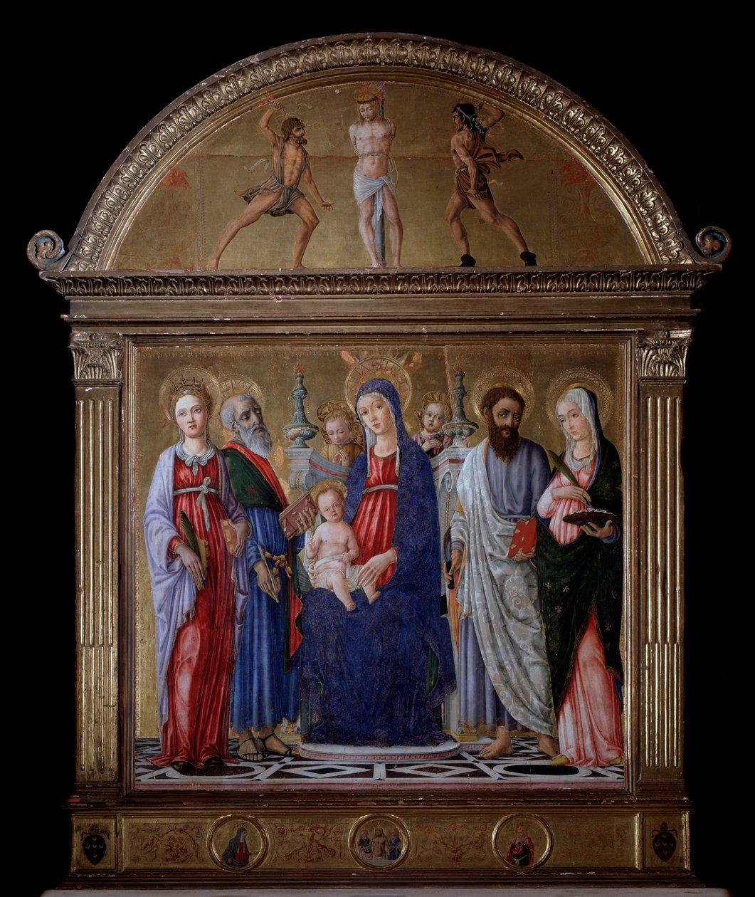 Szűz gyermekkel és Szent Bertalan, Szent Katalin, Szent Lúcia és Szent Máté – oltárkép alkotó: Matteo di Giovanni di Bartolo