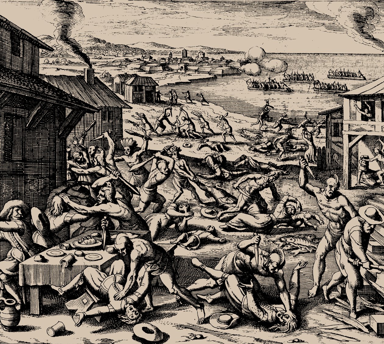 Powhatan támadás 1622. március 22-én. alkotó: Matthaus the Elder Merian