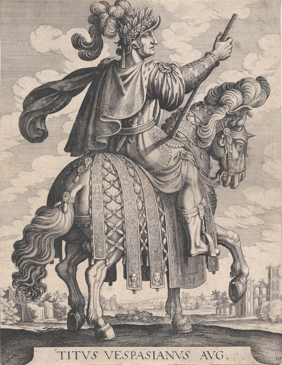 10. tábla: Titusz császár lóháton, „Az első tizenkét római császár”-ból Tempe után..., 1610-50. alkotó: Matthaus Merian