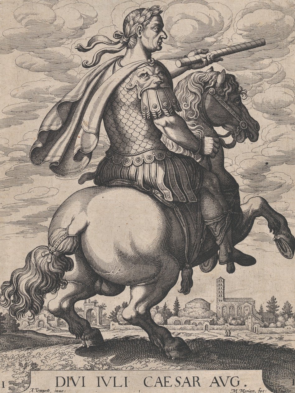 1. tábla: Julius Caesar császár lóháton, „Az első tizenkét római császár” című művéből, af..., 1610-50. alkotó: Matthaus Merian
