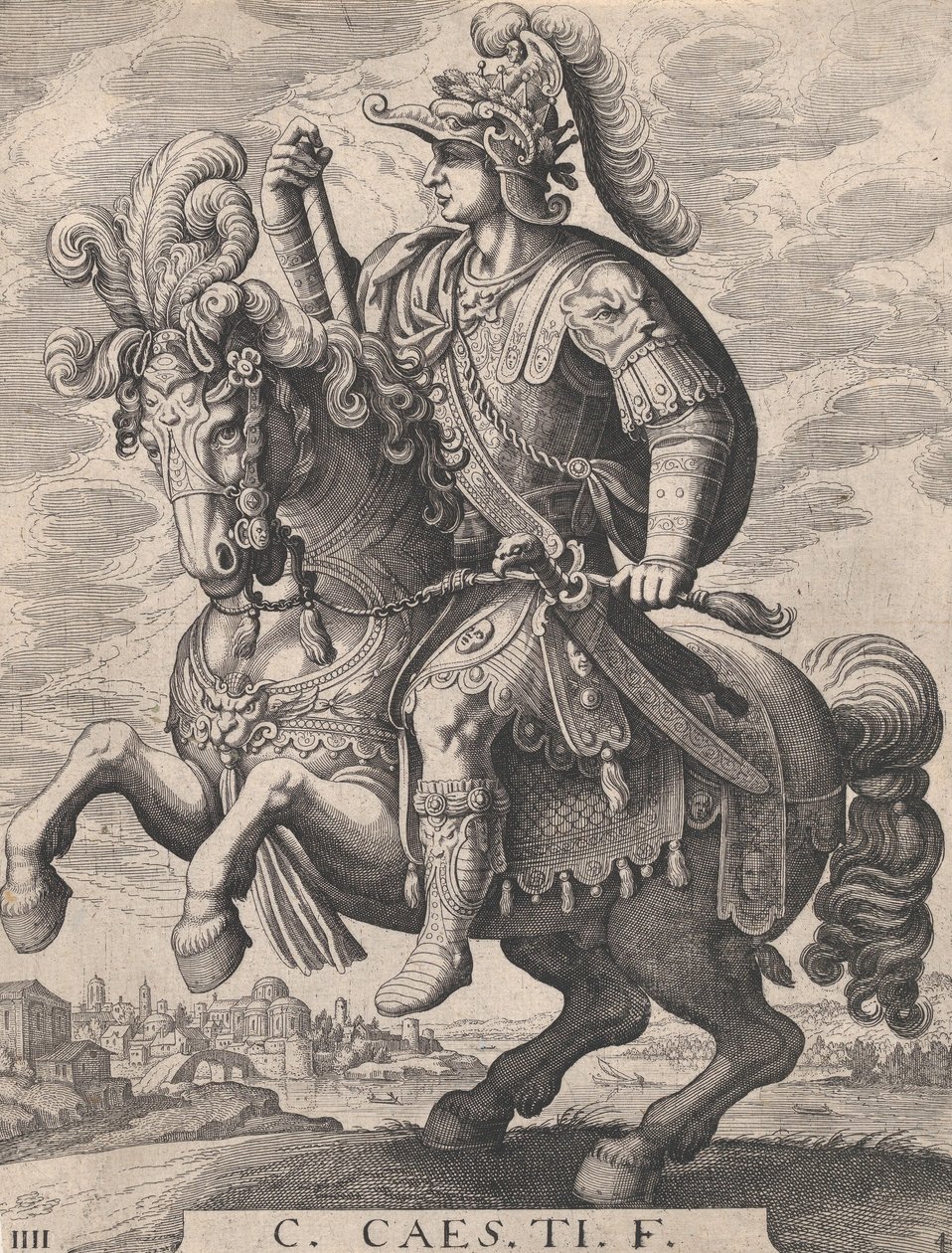 4. tábla: Gaius császár lóháton, „Az első tizenkét római császár”-ból, Tempe után..., 1610-50. alkotó: Matthaus Merian