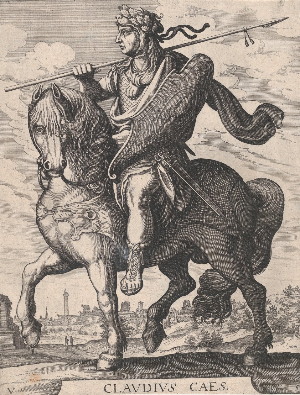 5. tábla: Claudius császár lóháton, „Az első tizenkét római császár” című művéből a Tem... után, 1610-50. alkotó: Matthaus Merian
