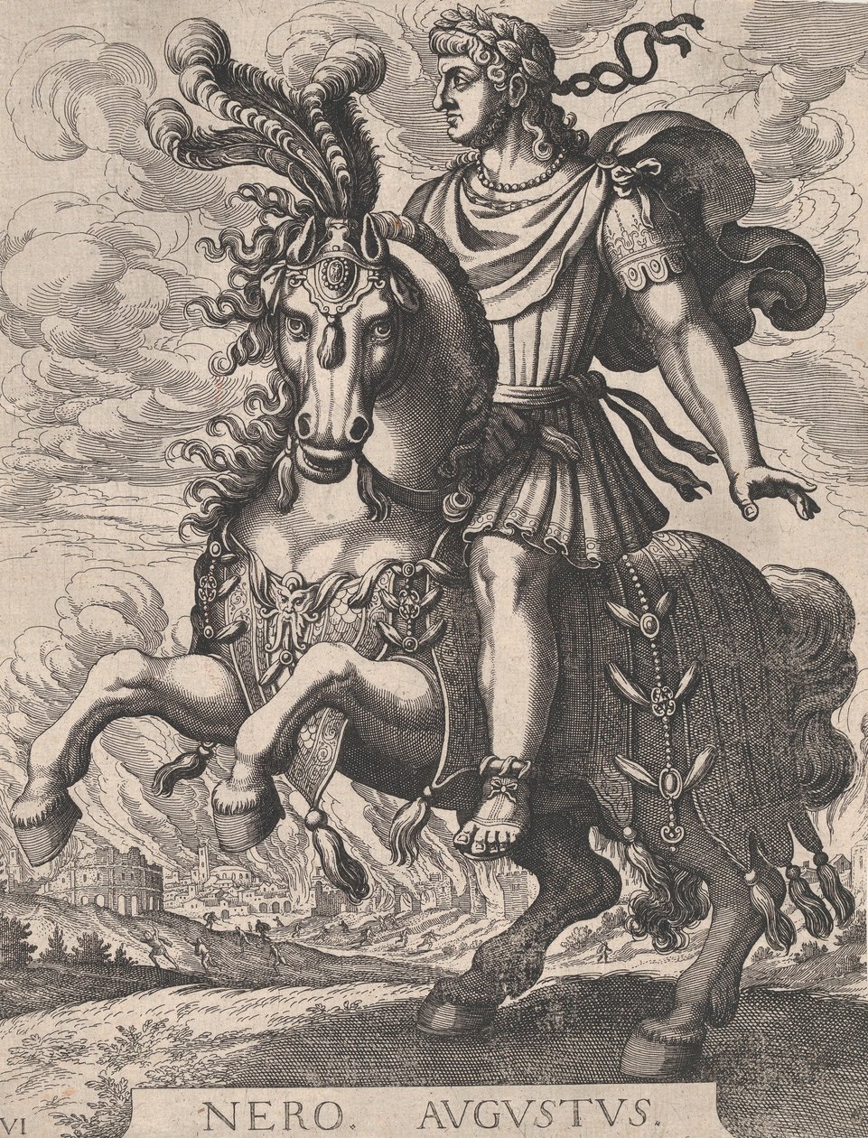 6. tábla: Néró császár lóháton, "Az első tizenkét római császár"-ból, Tempes után..., 1610-50 alkotó: Matthaus Merian