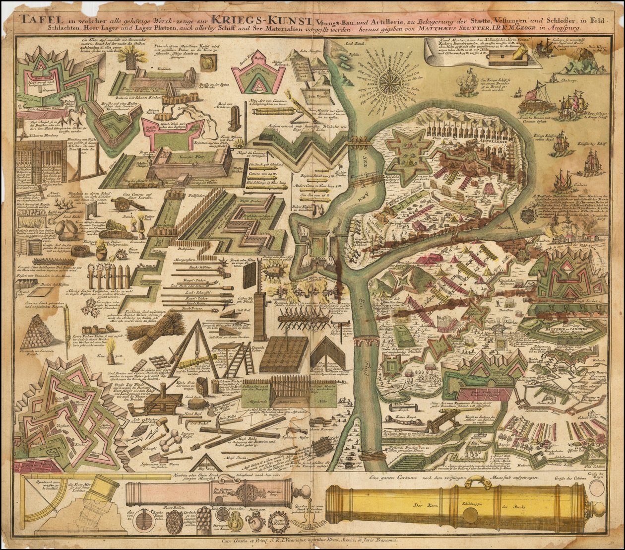1720 Seutter allegorikus térképe, amely a szárazföldi és tengeri hadművészetet mutatja be. alkotó: Matthäus Seutter