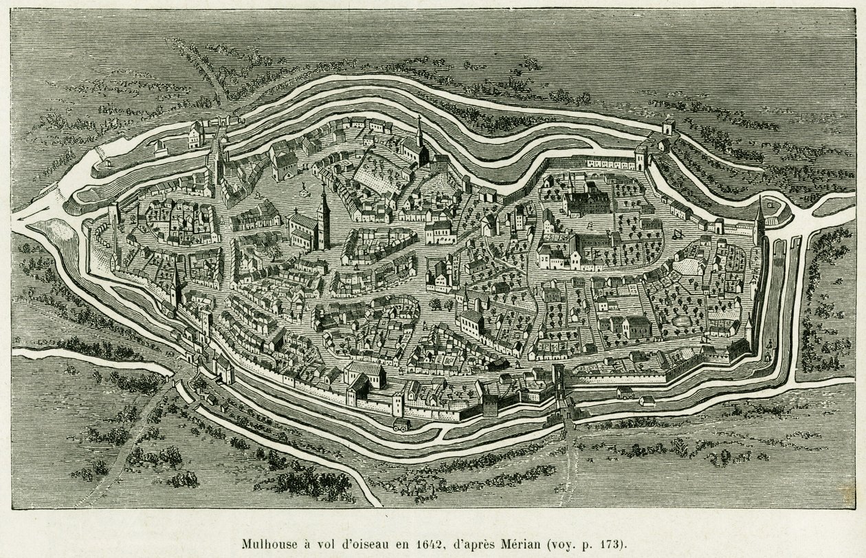Mulhouse repül 1642-ben. Matthaus Merian (1593-1650) metszete az Elzászon és Lotaringián keresztül című történet illusztrálására, Charles Grad német deputátor 1885-ben, a tour du monde 1886-ban, Edouard Charton (1807-1890) rendezésében. , Hachette, Párizs. alkotó: Matthaus the Elder (after) Merian
