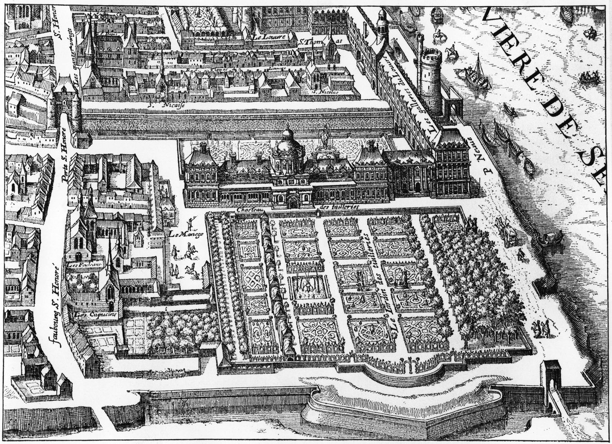 Párizs: a Tuileriák palotája és kertje 1615-ben, Mathieu Merian tervének fakszimile. alkotó: Matthaus the Elder (after) Merian