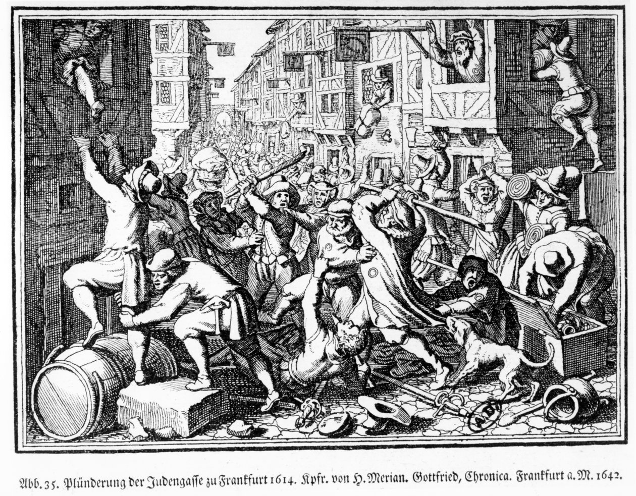 Plundering the Jewish Alley during the Fettmilch riots in Frankfurt on 22 August alkotó: Matthaus the Elder (after) Merian
