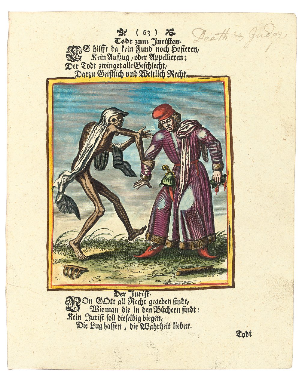 Halál és az ügyvéd, 1700-1725 körül (kézzel színezett metszet) alkotó: Matthaus the Elder Merian