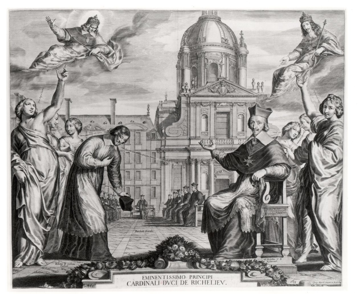 Robert de Sorbon (1201-94) és Richelieu bíboros (1575-1642) a Sorbonne előtt, Gregoire Huret (1606-70) metszete 1639 alkotó: Matthaus the Elder Merian