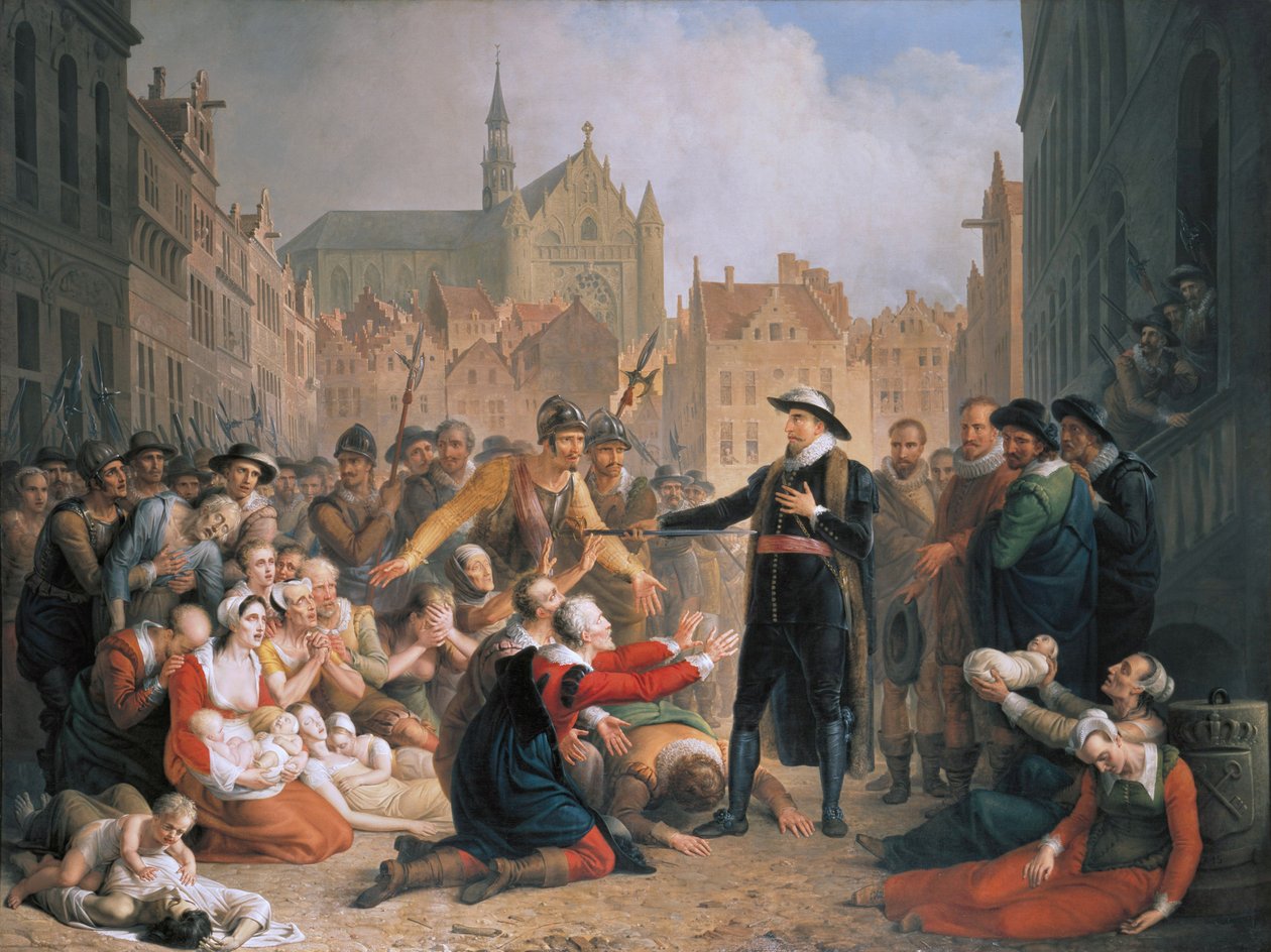 Burgomaster van der Werf felajánlja kardját a leidenieknek alkotó: Mattheus Ignatius van Bree