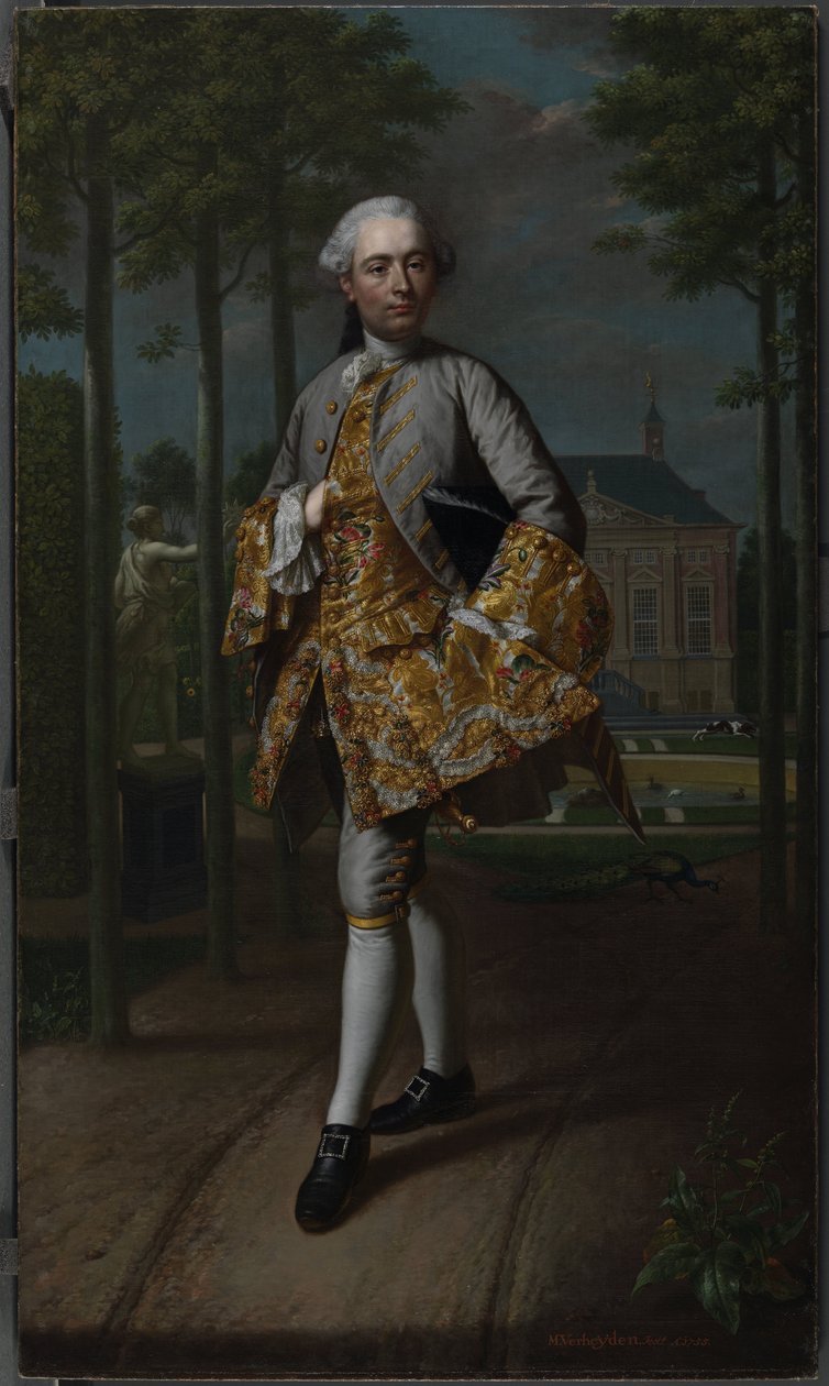 Gerard Cornelis van Riebeeck portréja Gerard Cornelis van Riebeeck (1722-1759), Delft államtitkára, feltehetően a voorburgi Essensteyn vidéki háza előtt áll. alkotó: Mattheus Verheyden