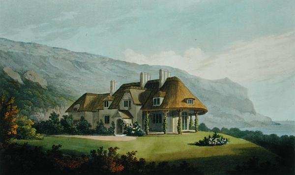 Nádfedeles tengerparti villa James Vine Esq. számára, Puckaster, Isle of Wight, a Villa Architecture-től: nézetgyűjtemény tervekkel az Angliában és Skóciában kivitelezett épületekről, Robert Lugar, pub alkotó: Matthew Dubourg
