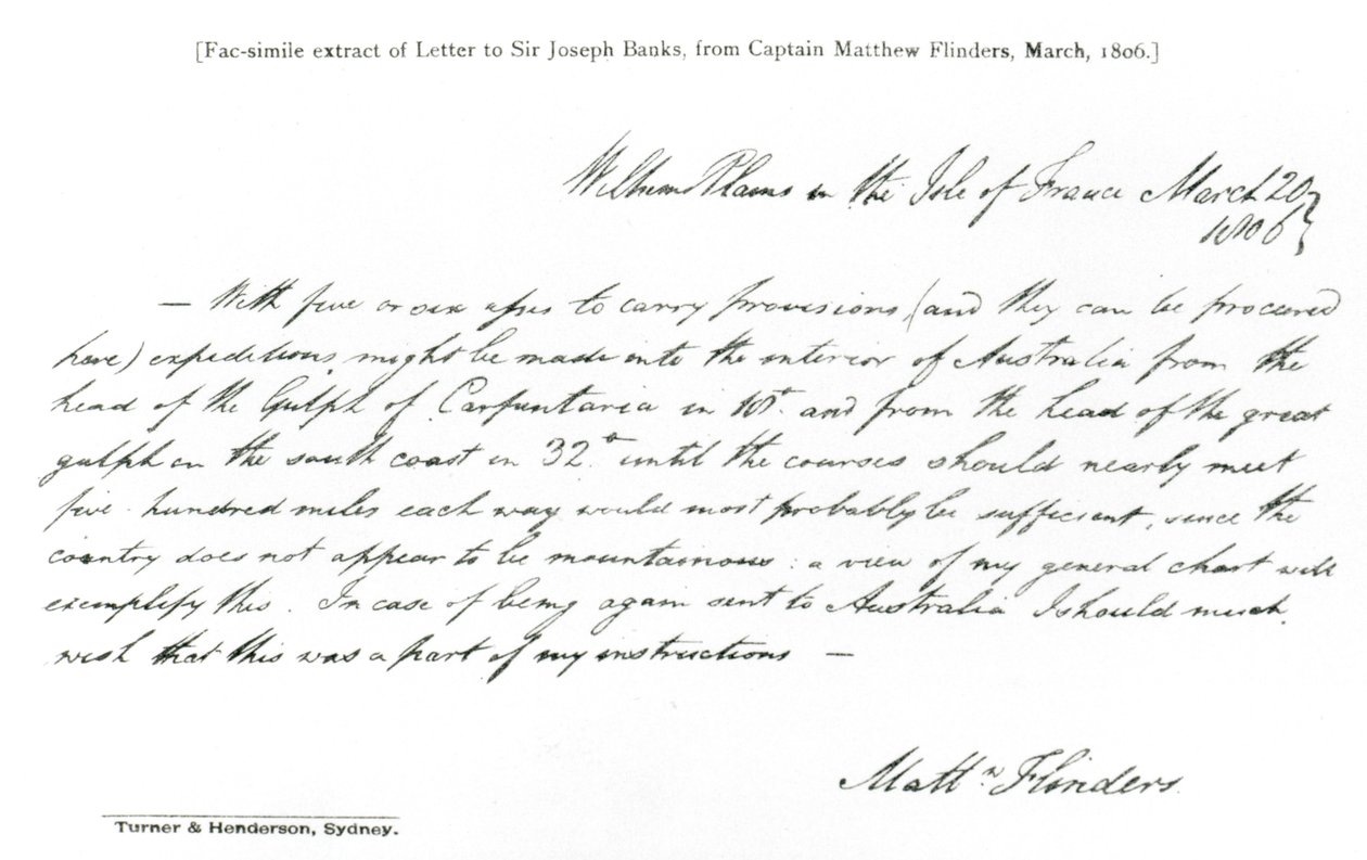 Matthew Flinders kapitány Sir Joseph Banksnak írt, 1806 márciusában írt levelének fakszimile másolata az The History of Australian Exploration 1788-1888, 1888-ból (faksmile) (bw fotó) alkotó: Matthew Flinders