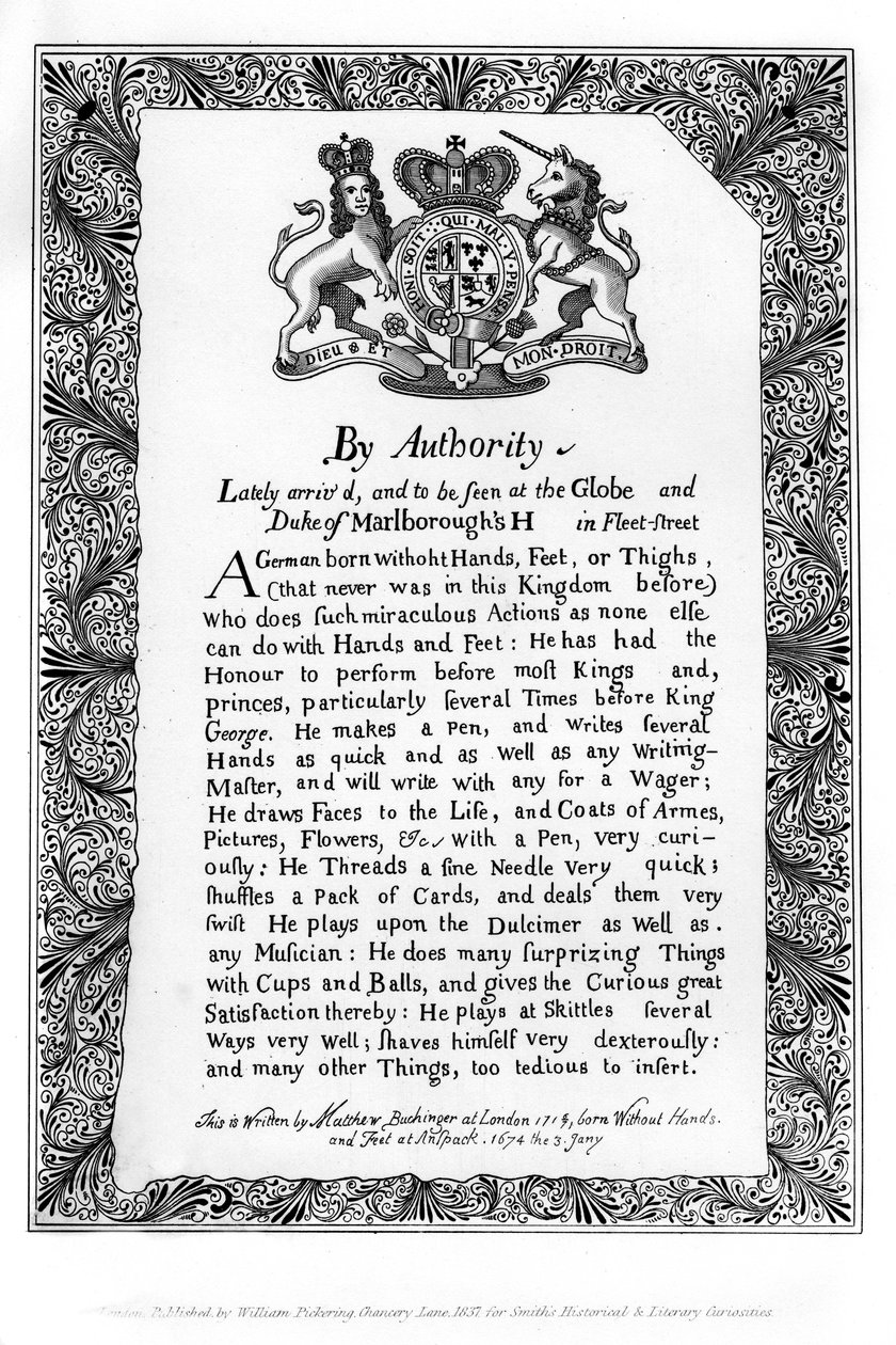 Matthew Buchinger, nürnburgi törpe kalligrafikus kiállítási számlája, 1717, 1840 alkotó: Matthew Buchinger