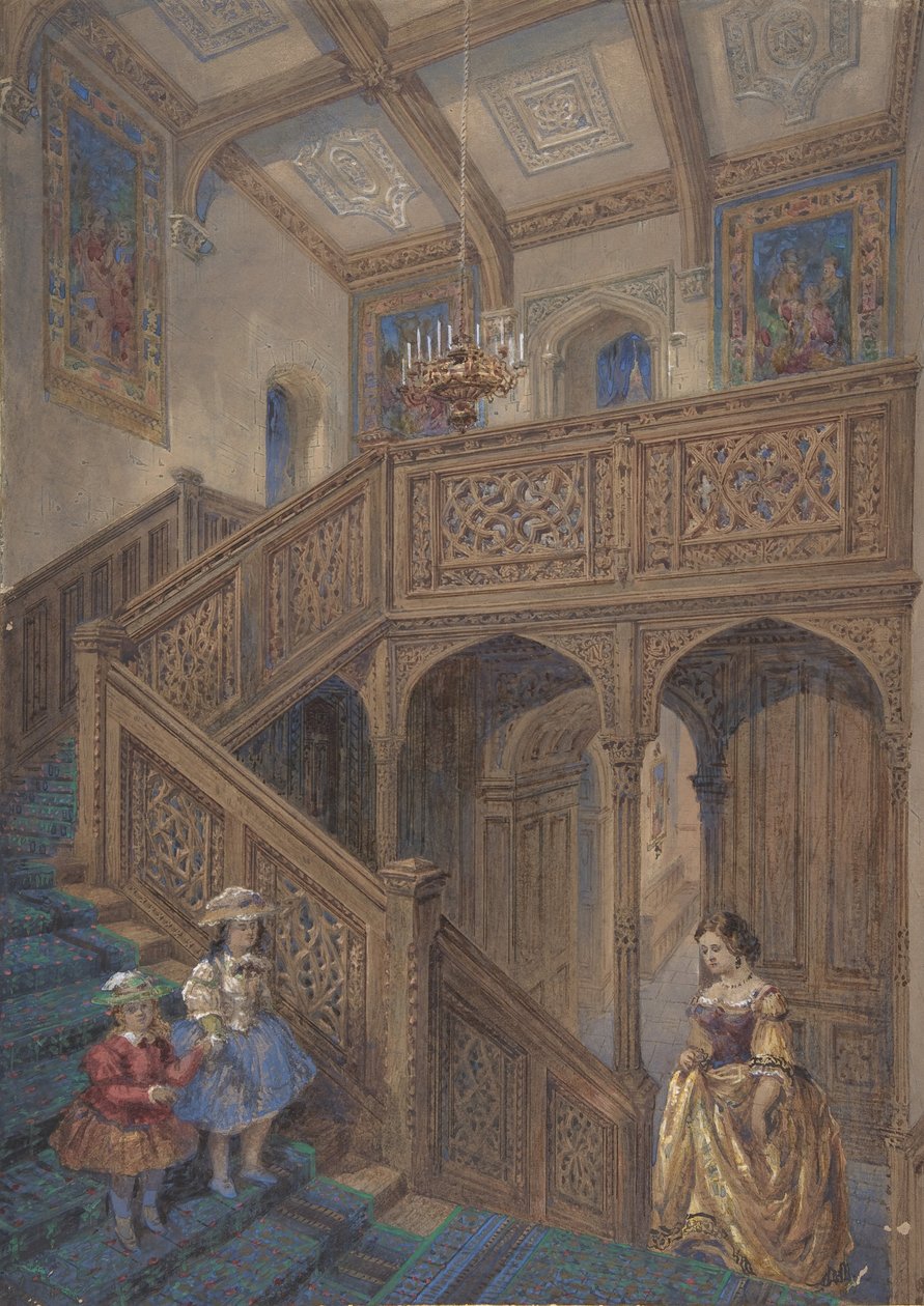 Tervezés egy jakab-stílusú lépcsőházhoz recto, építészeti elem Design verso, kb. 1867. alkotó: Matthew Digby Wyatt