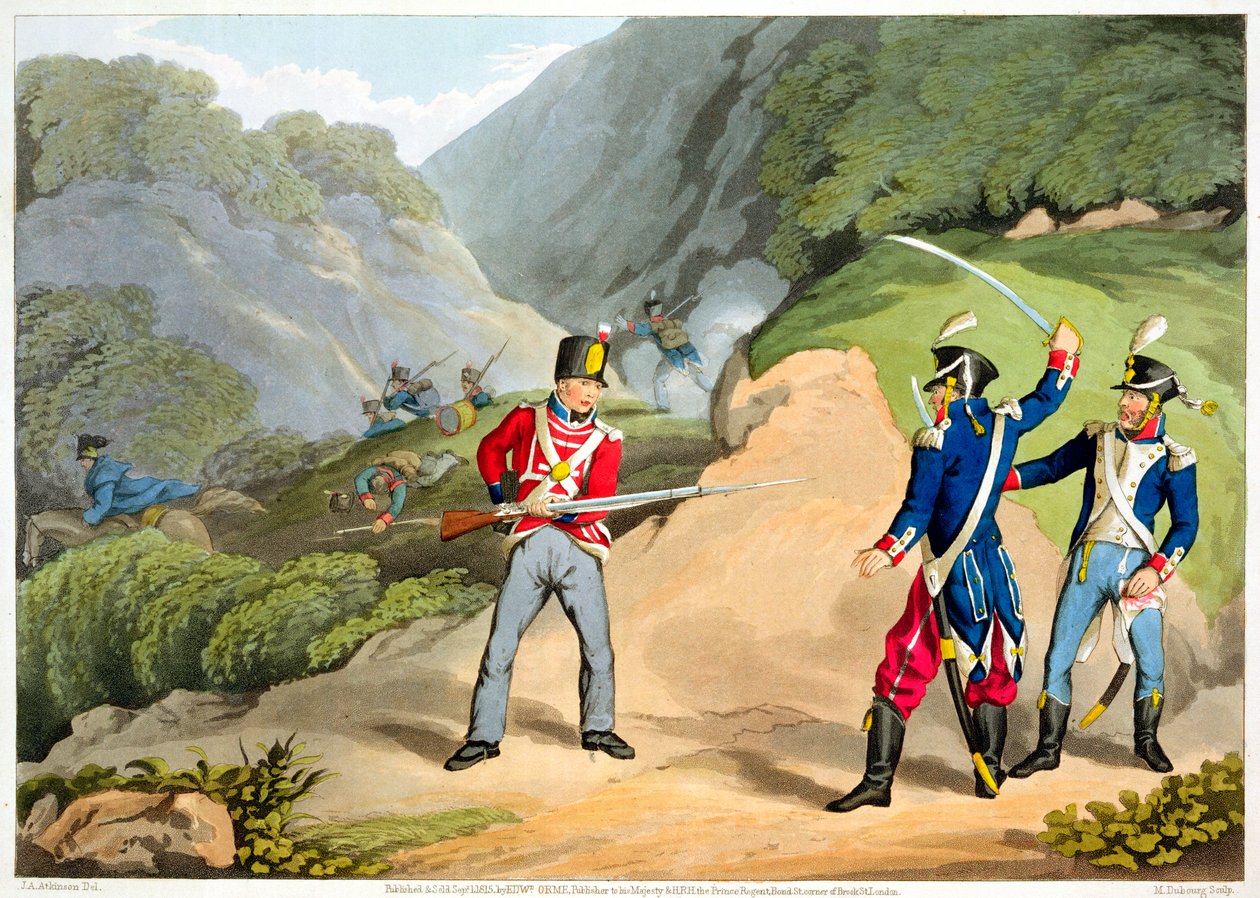 "Egy brit katona, aki két francia tisztet fog el a pireneusi csatában", 1813, 1816 alkotó: Matthew Dubourg