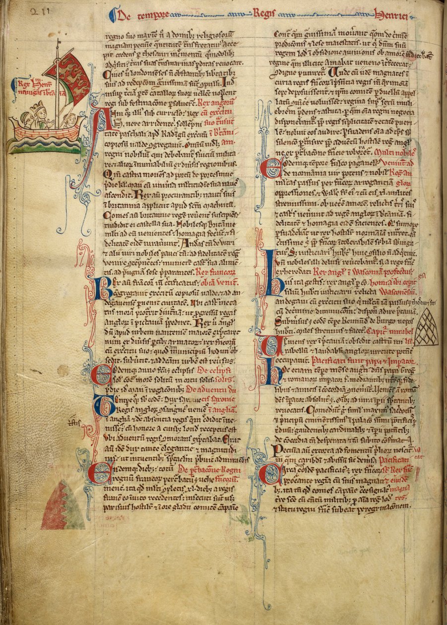 Royal 14 C. VII, f.116v III. Henrik király szélrajza a La Manche csatornán át Bretagne-ba hajózik, a kísérőszöveg egy részével a szerző saját kezében, illusztráció a „Historia Anglorum”-ból alkotó: Matthew Paris