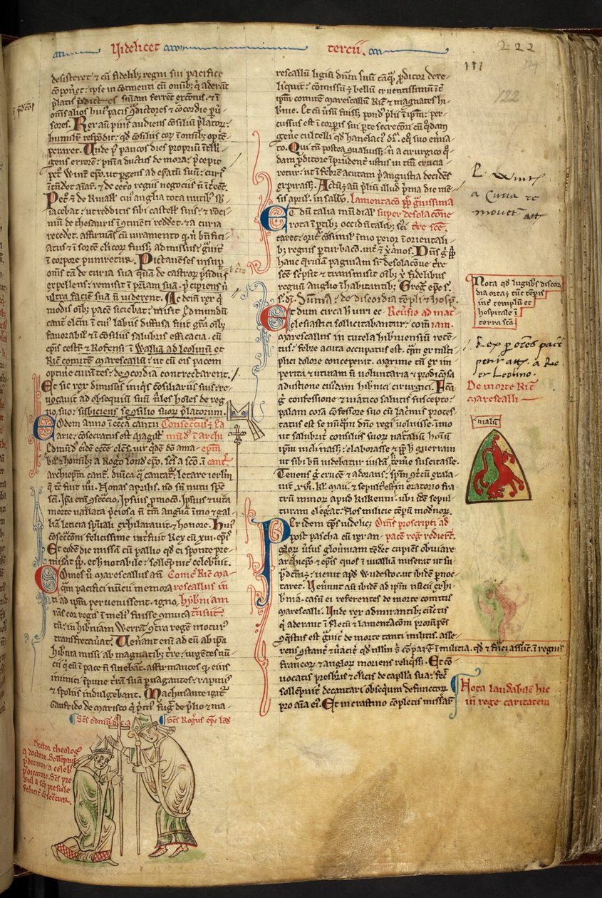 Royal 14 C. VII f.122r Roger Nigel, London püspöke, Abington Edmundot canterbury érsekévé szenteli; alkotó: Matthew Paris