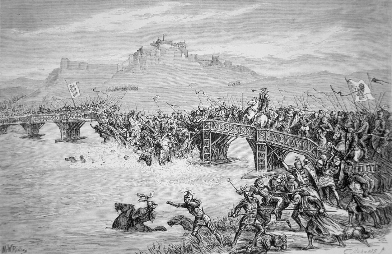 A híd összeomlása a Stirling Bridge-i csata során, 1297-ben, Roberts metszetével (litho) alkotó: Matthew White (after) Ridley