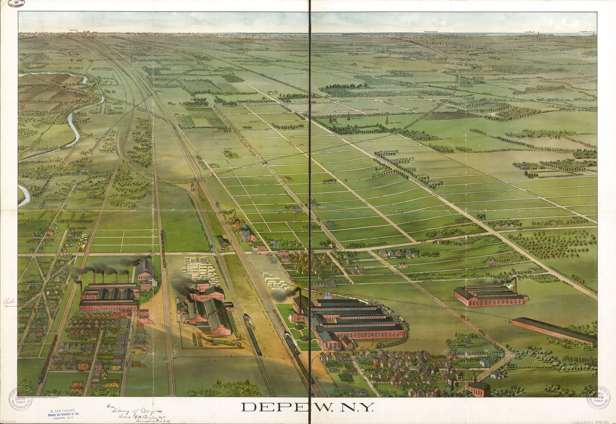 Madártávlat. Tájolása észak jobbra. LC Panoramic maps (2. kiadás), 555.1 Raszterképként is elérhető a Library of Congress webhelyén. LC-másolat tintával ellátva. Bélyegző: Compliments Depew Improvement Co.; S. Jay Ohart, ügyvéd alkotó: Matthews Northrup Company