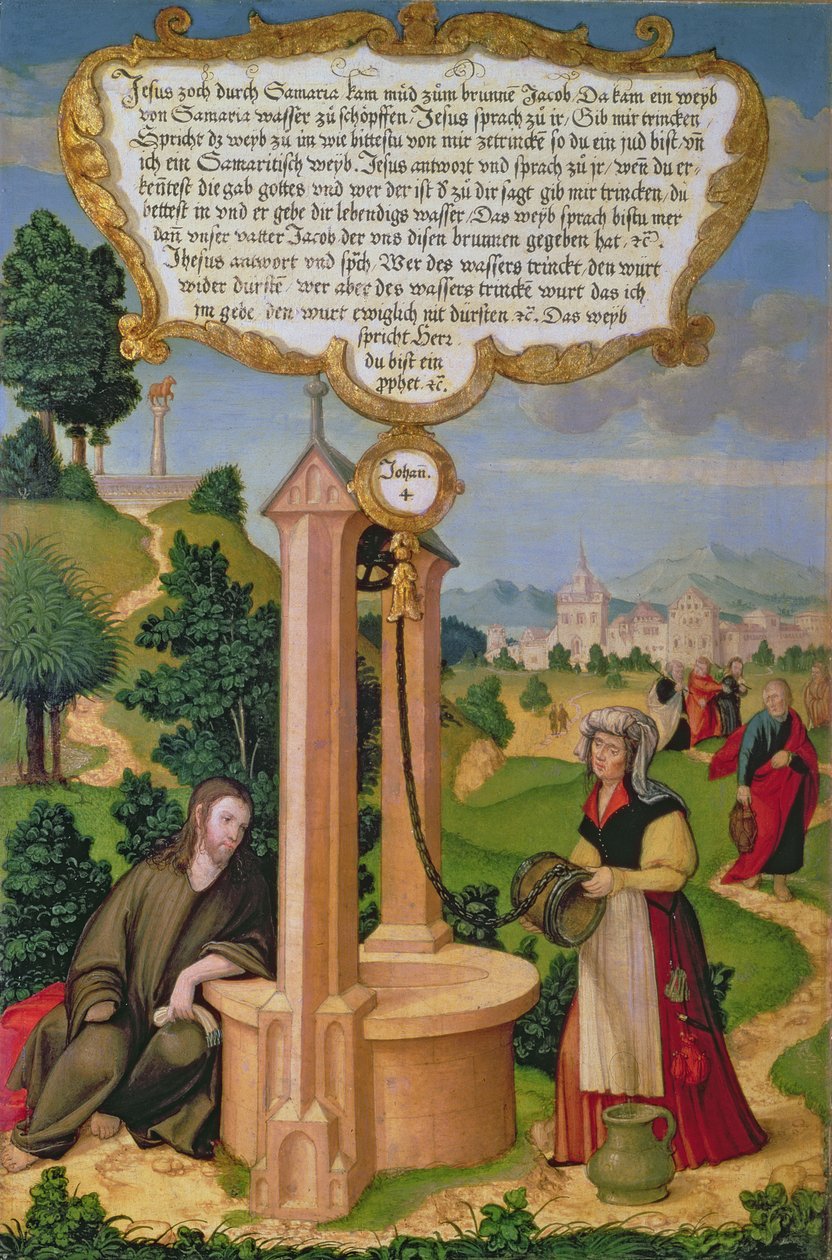 Krisztus és a nő Szamáriából a Jákob kútnál, a Mompelgarter Oltárkép szárnypaneljének egy része (panel) alkotó: Matthias Gerung or Gerou