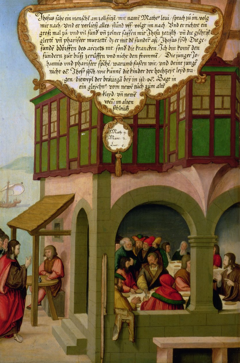 Jézus együtt eszik az adófizetőkkel és a bűnösökkel (Máté 9, Márk 2, Lukács 5) a Mompelgarter oltárkép (tábla) szárnypaneljének szakasza (lásd még: 72465-79) alkotó: Matthias Gerung or Gerou