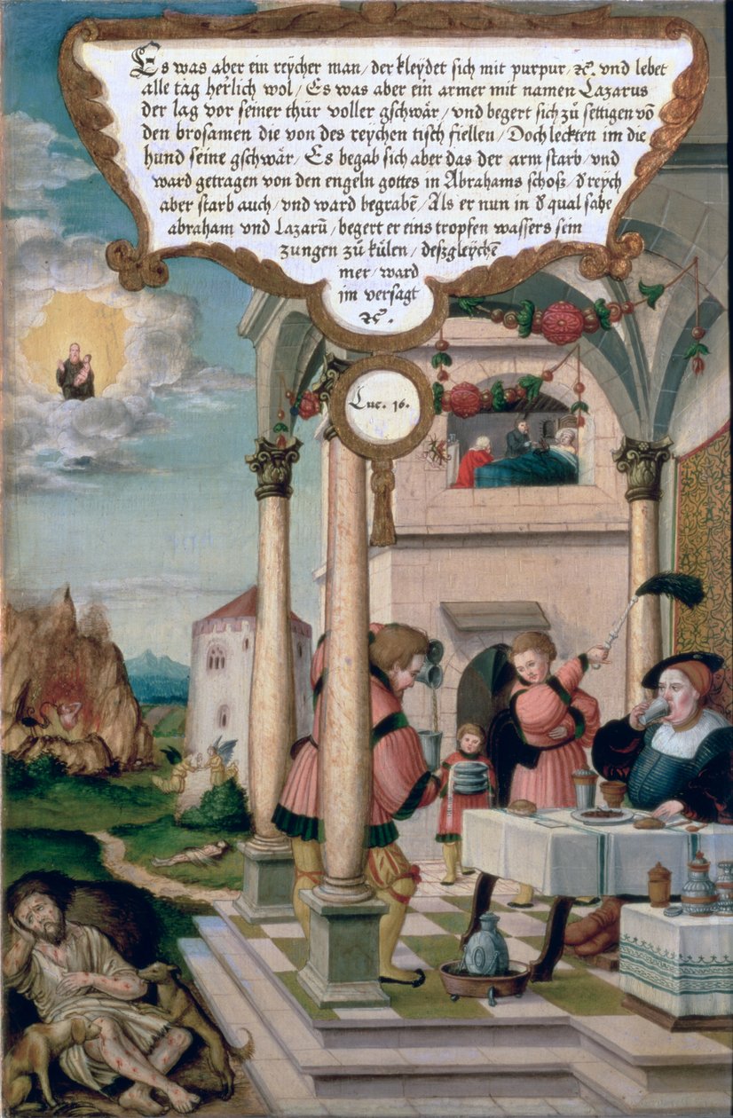 Lázár és a gazdag ember asztala (Lk 16), a Mompelgarter-oltár szárnyának metszete (panel) (lásd még: 72465-79) alkotó: Matthias Gerung or Gerou