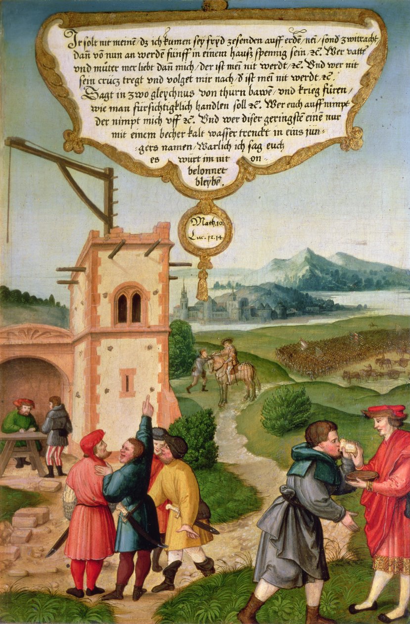 „Aki csak egy csésze hideg vizet is ad ezek közül a kicsinyek közül, mert tanítvány, mondom nektek, nem veszíti el jutalmát” (Máté 10, Lukács 12 v.14), Krisztus tanításának illusztrációja, innen: alkotó: Matthias Gerung or Gerou