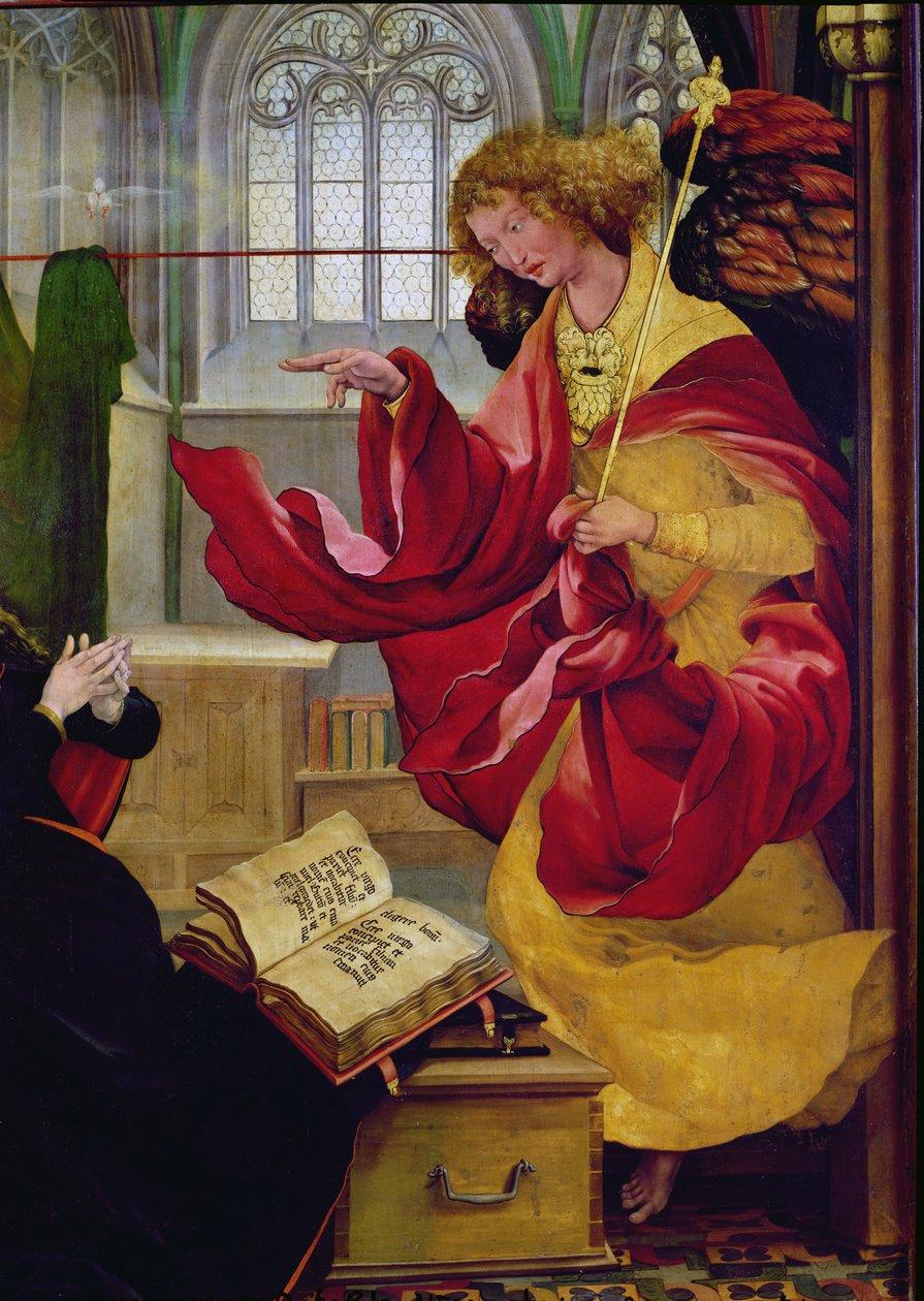 Gábriel arkangyal, részlet az Angyali üdvözletből az Isenheim-oltárról, 1512-1616 körül alkotó: Matthias Grünewald