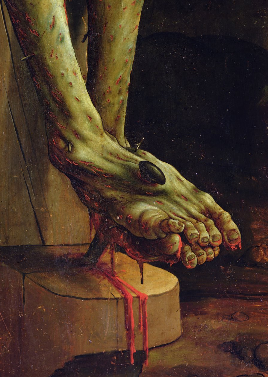 Krisztus lábának részlete az isenheimi oltárkép keresztrefeszítési jelenetéből, belső tábla, 1512–1515 körül, olaj, tábla alkotó: Matthias Grünewald