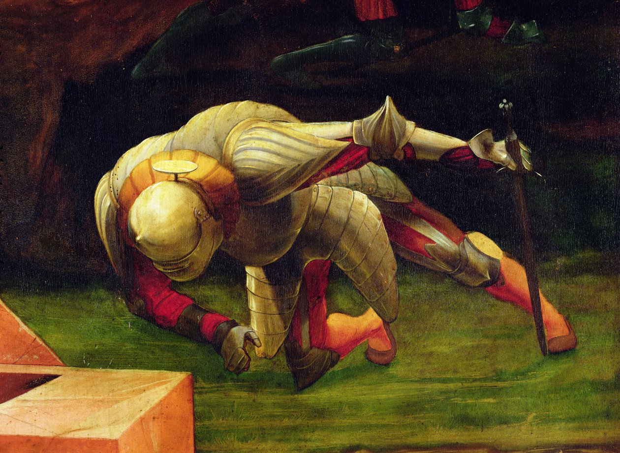 Egy eleső katona részlete Krisztus feltámadásának színhelyéről az Isenheim-oltárról, 1512-1616, olaj, tábla alkotó: Matthias Grünewald