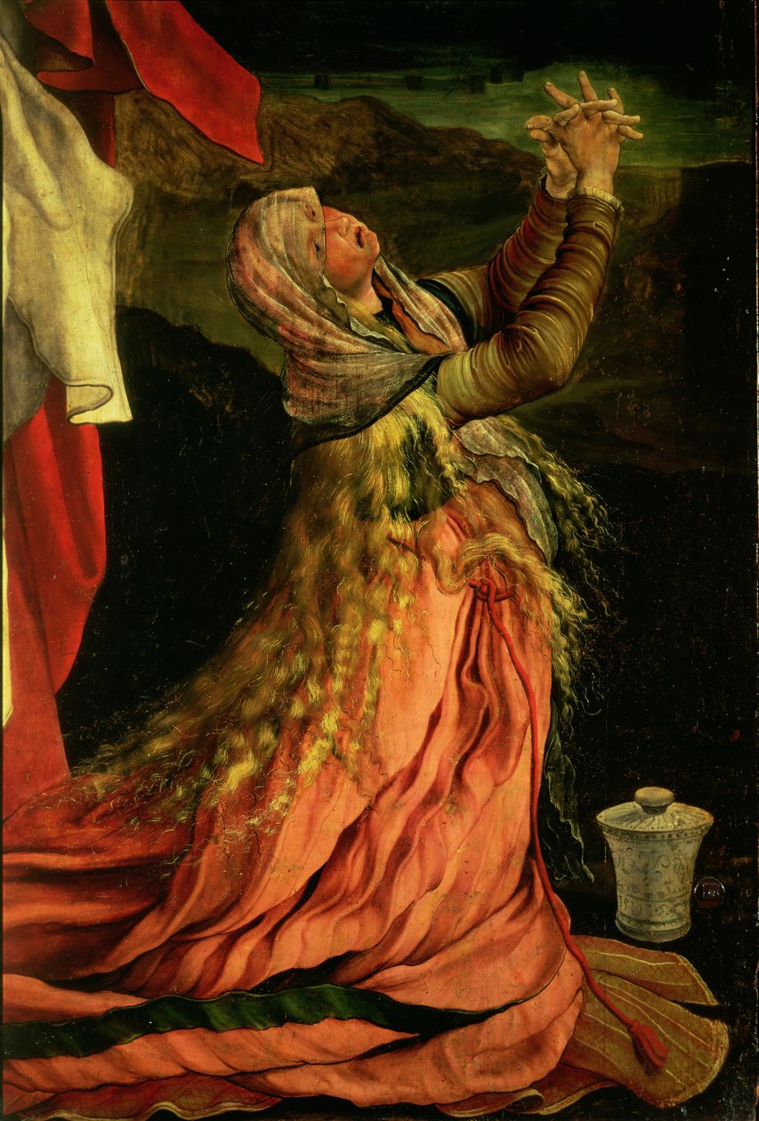 Mária Magdolna, részlet a keresztrefeszítésből az Isenheim-oltárról, 1512-1616 alkotó: Matthias Grünewald
