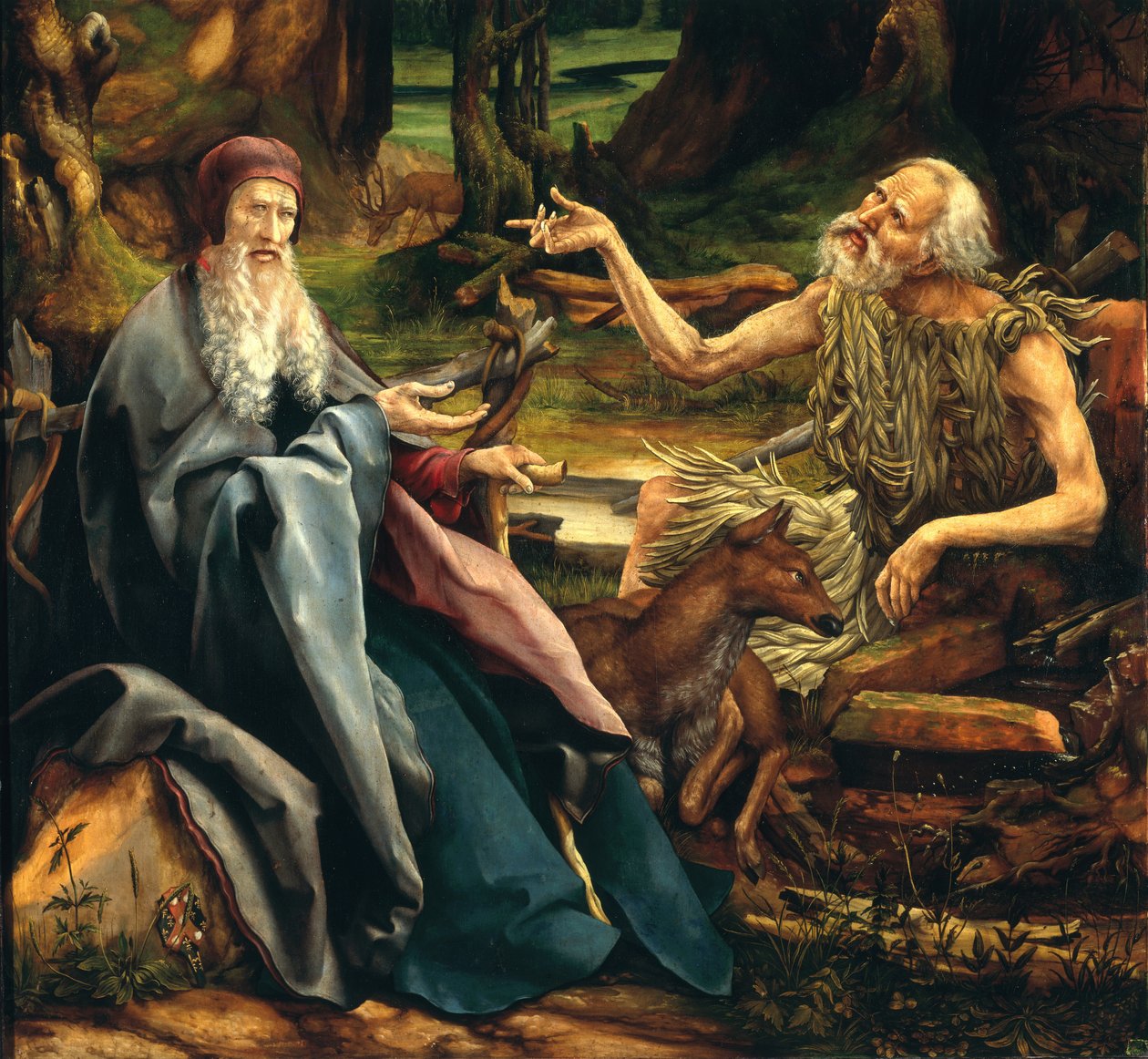 Szent Antal és Szent Pál, részlet az Isenheim-oltárból, 1512-1515 alkotó: Matthias Grünewald
