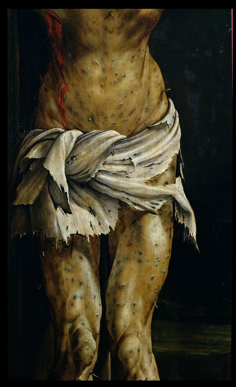 A keresztre feszítés az Isenheim-oltárról, Krisztus testének részlete, 1512-16 körül olaj, táblarészlet alkotó: Matthias Grünewald