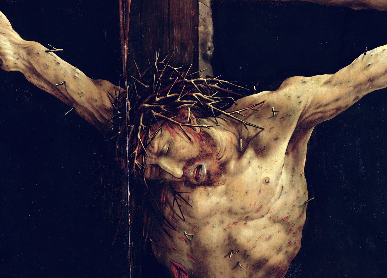 Krisztus arca, részlet a keresztrefeszítésből az Isenheim-oltárról, 1512-1616 alkotó: Matthias Grünewald