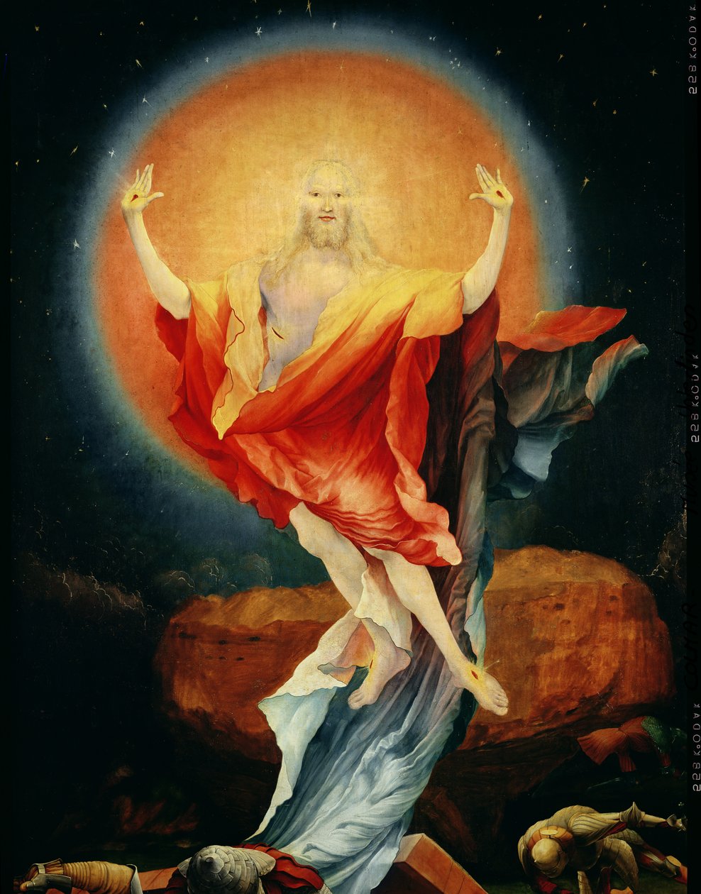 Krisztus feltámadása, az Isenheim-oltár jobb szárnyából, 1512-16 körül, olaj, táblarészlet 17677-ből alkotó: Matthias Grünewald