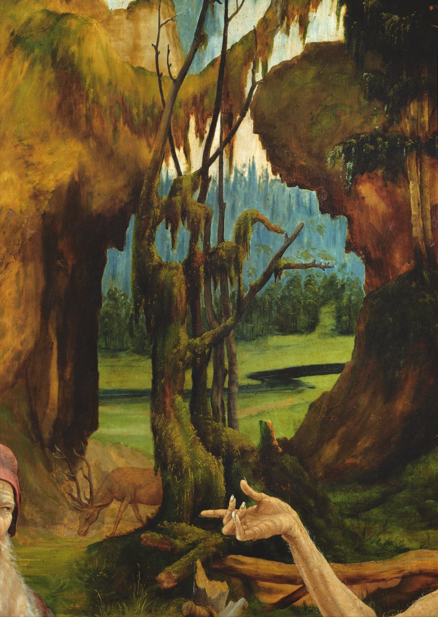 Szent Antal látogatása remete Szent Pálnál. Szent Pál kéz részlete az Isenheim-oltárképről, 1512-16 körül olaj, fa alkotó: Matthias Grünewald