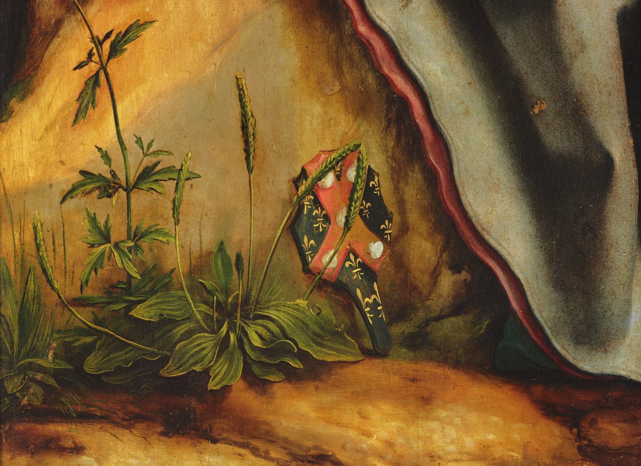 Szent Antal látogatása Szent Pál remeténél. Guido Gersi címerének részlete az isenheimi oltárképről, 1512-16 körüli olaj, tábla. alkotó: Matthias Grünewald