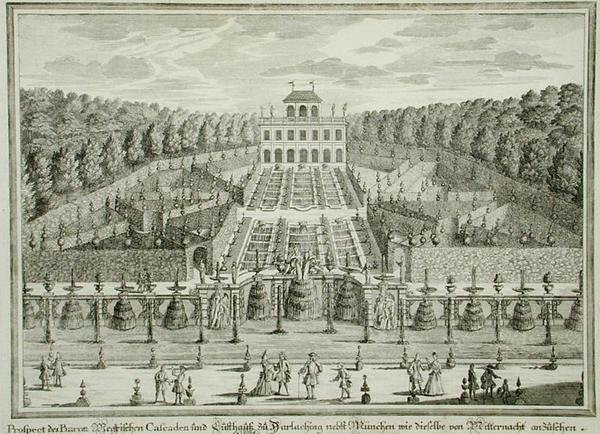 Egy München melletti hercegi rezidencia képe, az „Erlustierende Augenweide in Vorsetellung Herrliche Garten”-ből, Karl Remshard (1678-1735) metszete, megjelent 1725 körül (metszet) alkotó: Matthias (after) Diesel