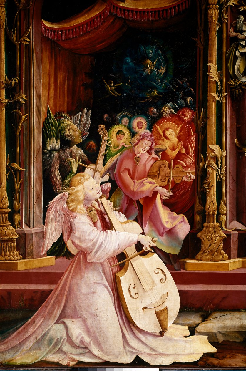 Issenheim (vagy Isenheim) oltárképe: „” La Nativite”” Részlet az Angels zenészeinek koncertjéről. A középen álló angyal gamba brácsán játszik. Panels by Mathis Neithardt Gothardt dit Matthias Grunewald (1480-1528) (ec.all.) 1512-1516 Dim. 265x304 cm Kol alkotó: Matthias (c.1480 1528) Grunewald