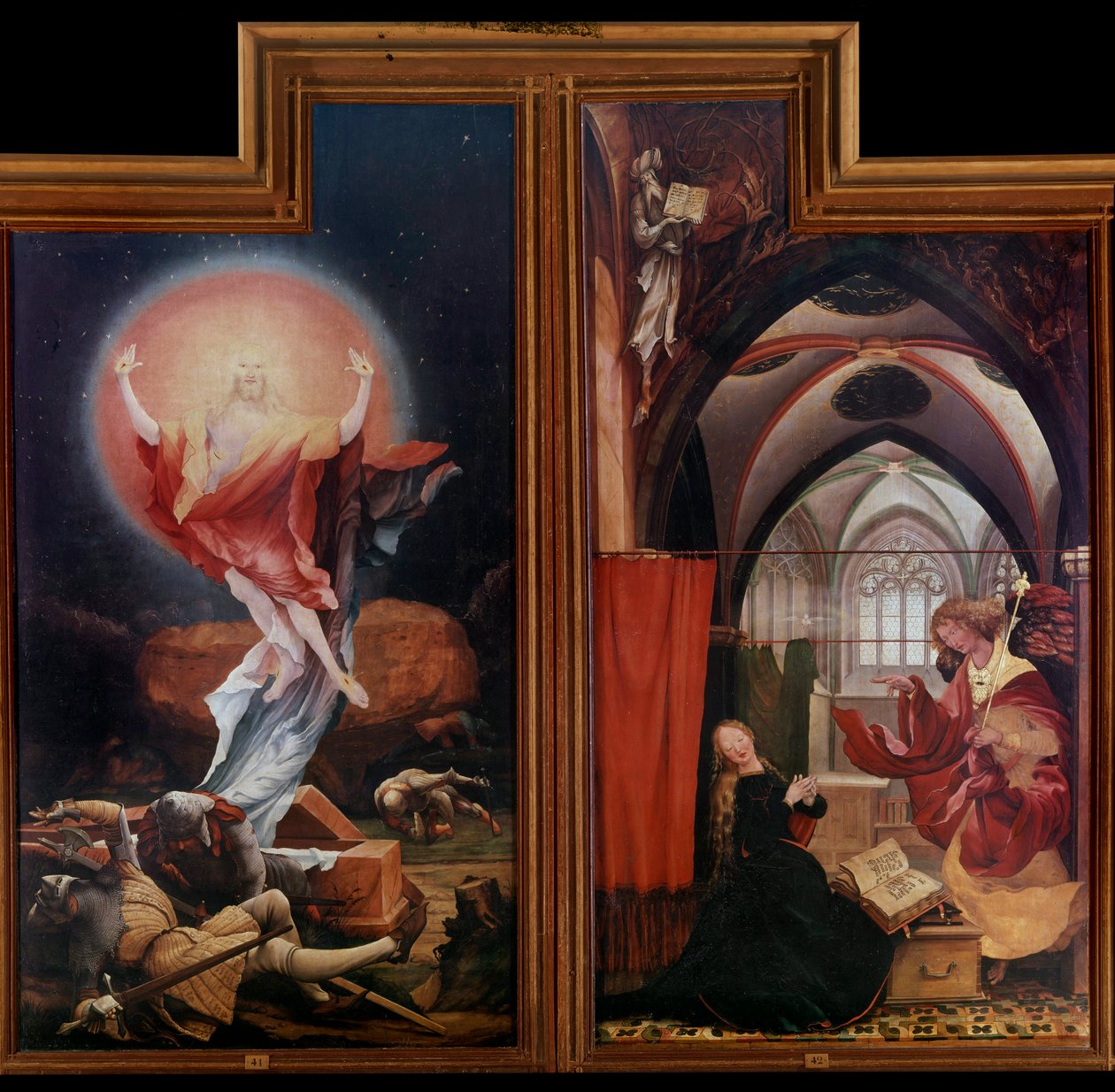 Issenheim (vagy Isenheim) oltárképe: "" A feltámadás"" "" Az Angyali üdvözlet"" Panels by Mathis Neithardt Gothardt dit Matthias Grunewald (1480-1528) (ec.all.) 1512-1516 Colmar, Musee Unterlinden alkotó: Matthias (c.1480 1528) Grunewald