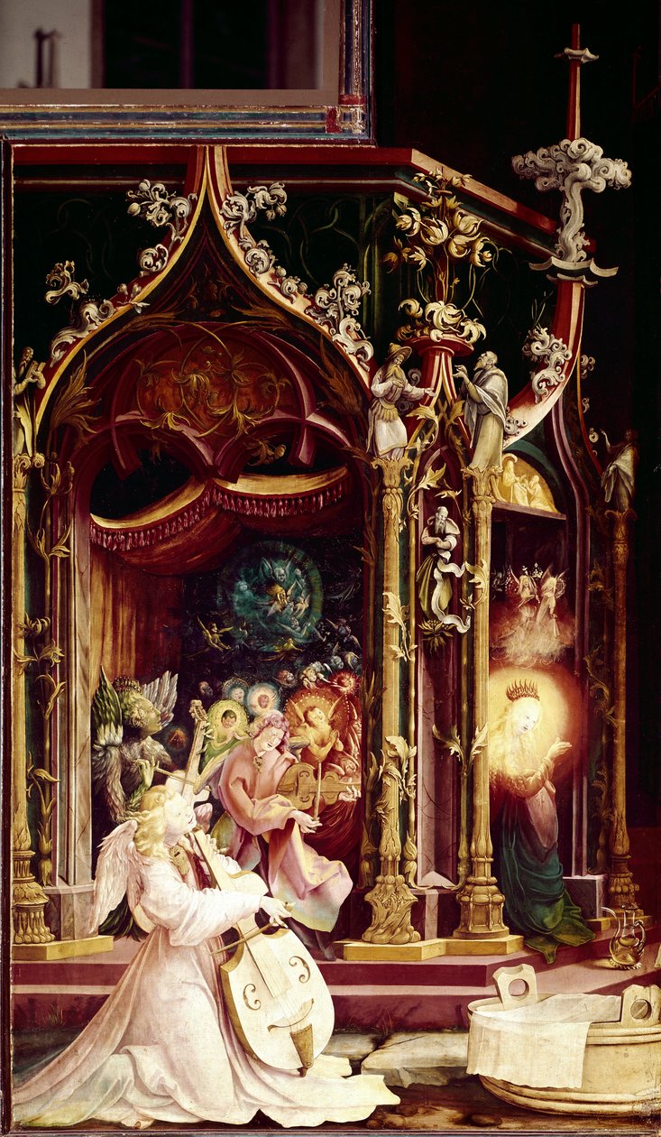 Angyalok koncertje zenész, a betlehemesben, részlet. Issenheim oltárképe (olaj, tábla alkotó: Matthias (c.1480 1528) Grunewald
