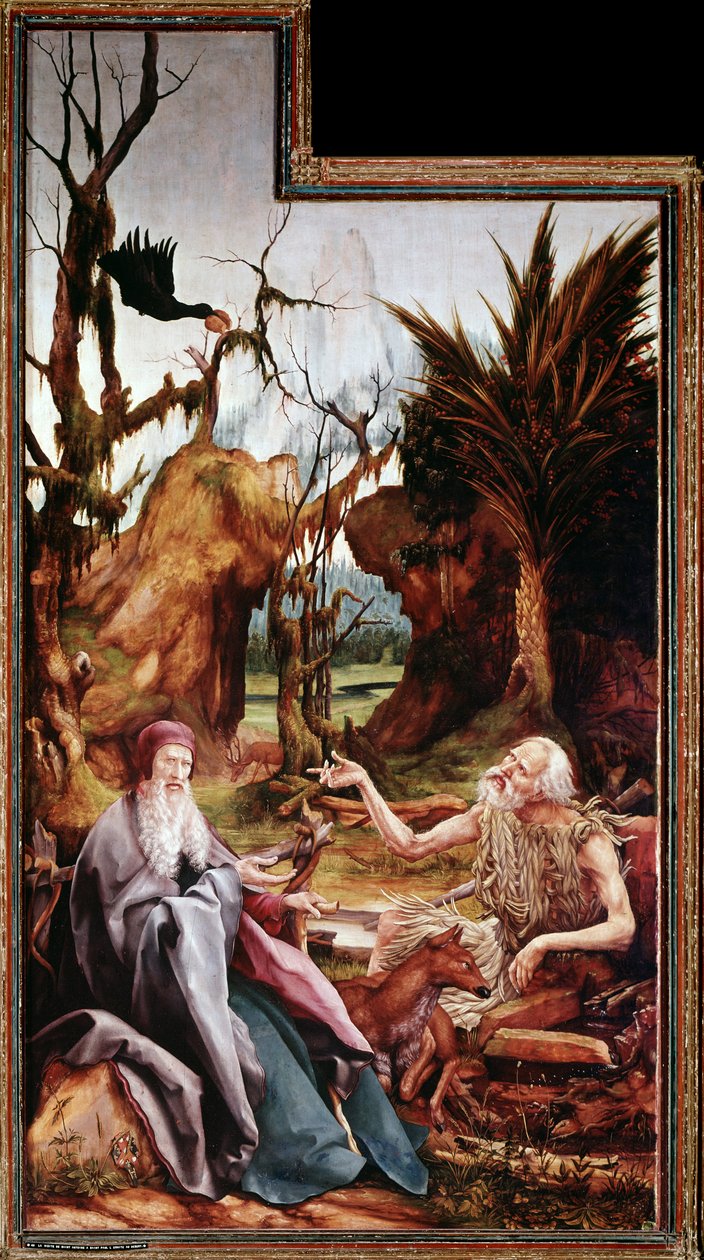 Nagy Szent Antal és Szent Pál a sivatagban, Issenheim oltárképe (olaj a táblán alkotó: Matthias (c.1480 1528) Grunewald