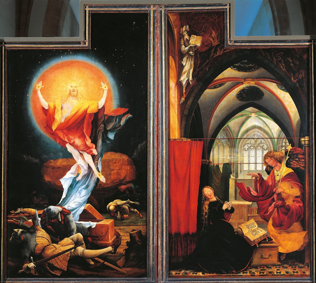 Krisztus angyali üdvözlete és feltámadása, részlet az Isenheim-oltárról, 1512-1616 körül (olaj, tábla) alkotó: Matthias (c.1480 1528) Grunewald