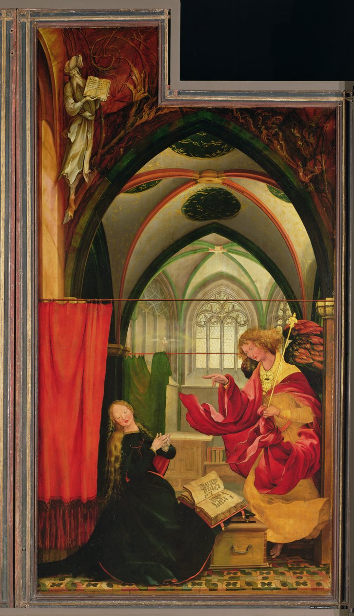 Az Angyali üdvözlet az Isenheim-oltárról, bal oldali szárny, 1512–1516 körül (olaj, tábla) alkotó: Matthias (c.1480 1528) Grunewald