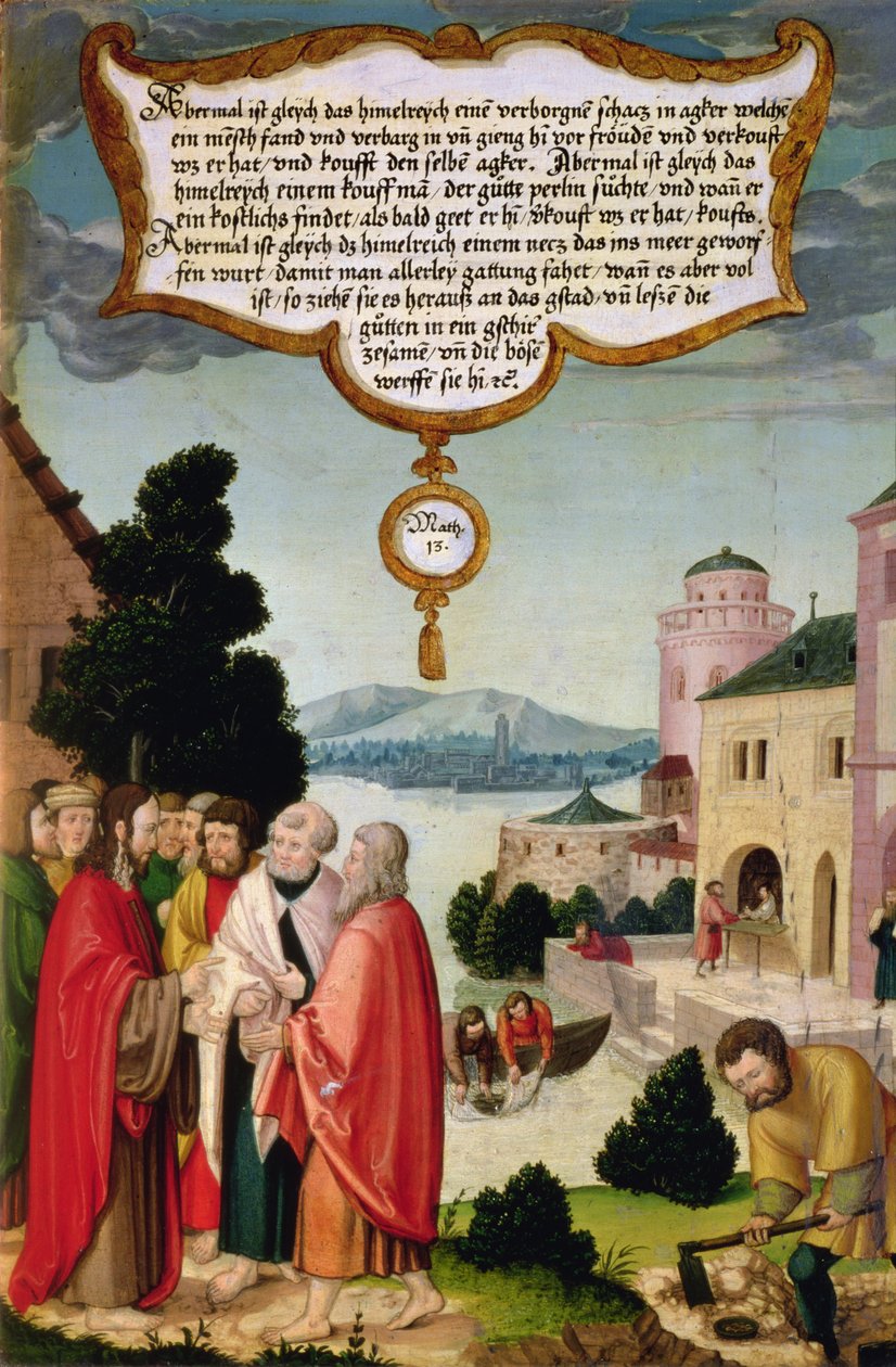 A mennyek birodalma olyan, mint egy háló, amelyet a tengerbe dobtak, és mindenféle halat összegyűjtött (Máté 13) Krisztus tanításának illusztrációja, a Mompelgarter oltárkép szárnytáblájának egy része alkotó: Matthias Gerung or Gerou