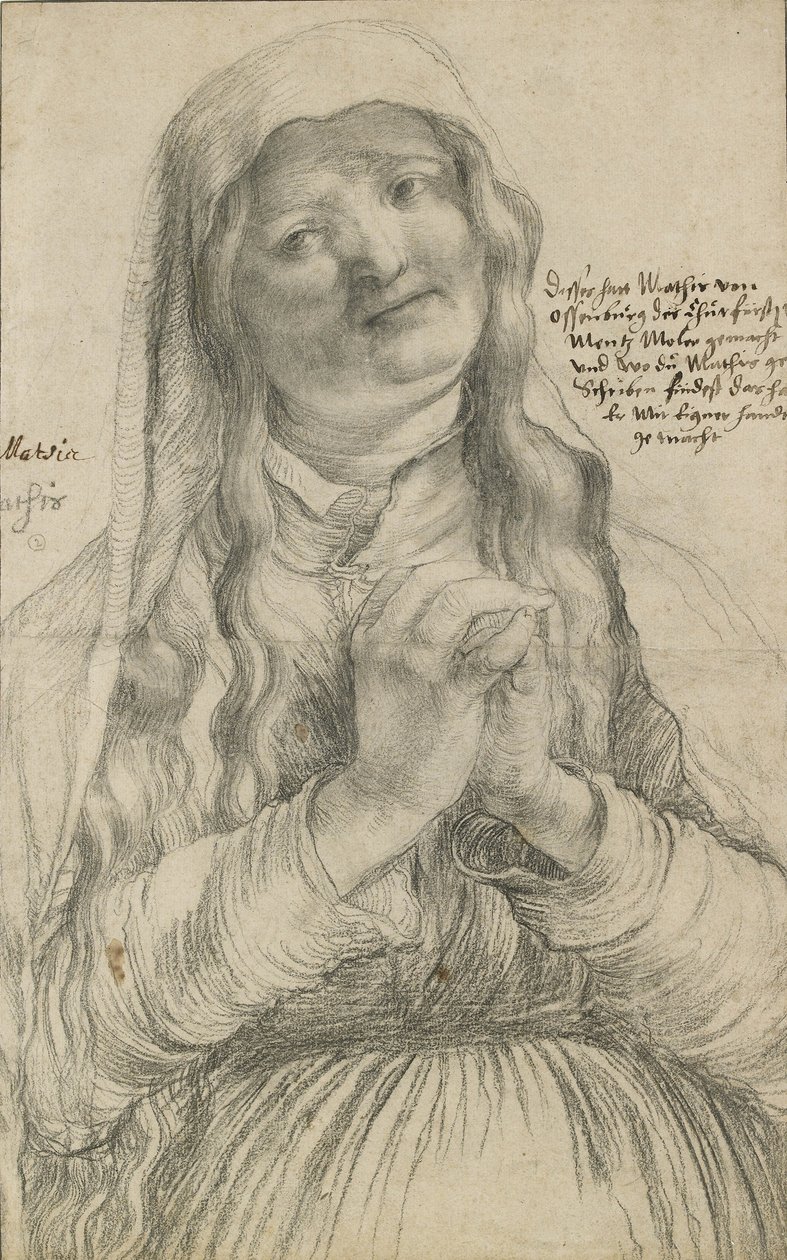 Egy idős nő összekulcsolt kezekkel, 1512 körül (fekete kréta papíron) alkotó: Matthias Grünewald