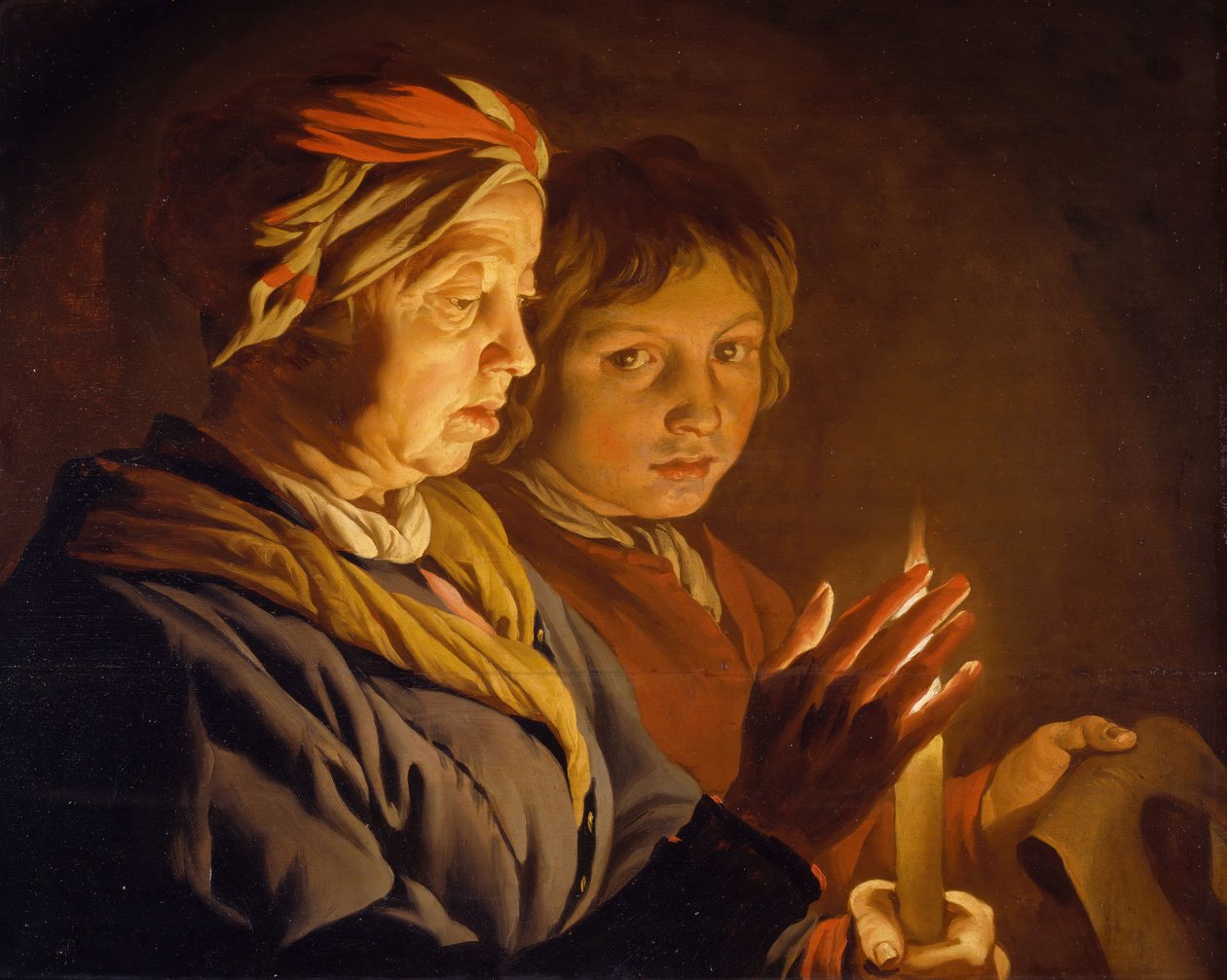 Öregasszony és egy fiú gyertyafénynél, 1630-1650. alkotó: Matthias Stomer